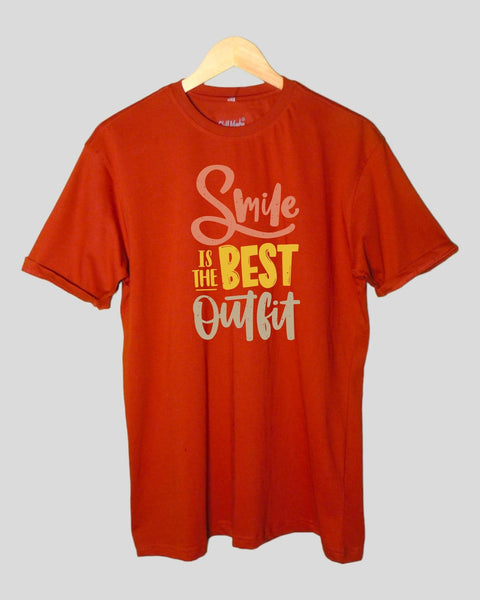 Men's Smile is the bedt out fit T shirt Rust color Round Neck Half Sleeves