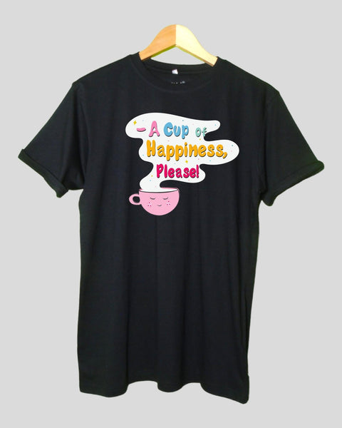 Mens A cup of happiness Time T shirt Black color Round Neck Half Sleeves