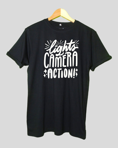 Light camera action T shirt Black color Round Neck Half Sleeves