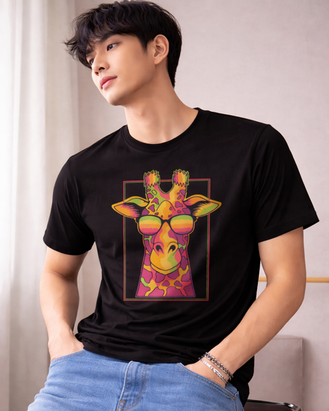 Unisex Round Neck Black T-Shirt with Abstract Giraffe Print