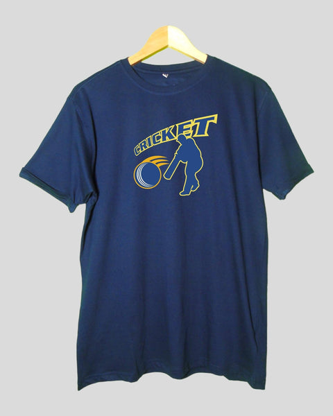 Men's Cricket theme T shirt Navy Blue color Round Neck Half Sleeves