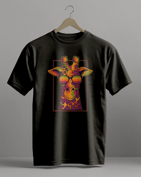 Unisex Round Neck Black T-Shirt with Abstract Giraffe Print