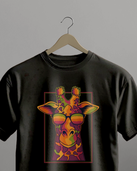 Unisex Round Neck Black T-Shirt with Abstract Giraffe Print