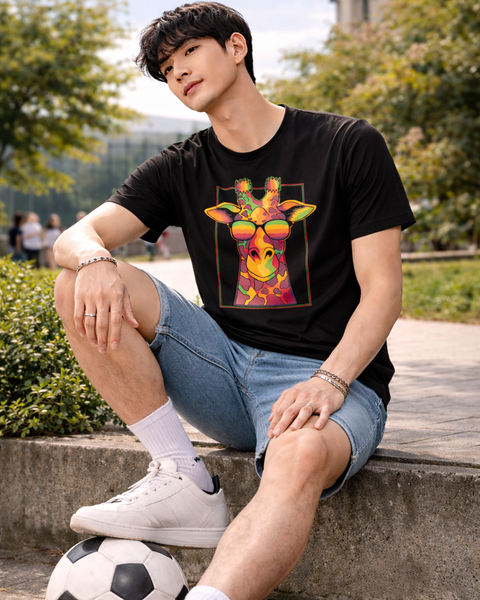 Unisex Round Neck Black T-Shirt with Abstract Giraffe Print