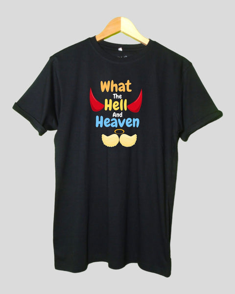 Special What the hell and heaven T shirt Black color Round Neck Half Sleeves