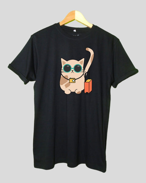 Men's Cat Theme T shirt Black color Round Neck Half Sleeves
