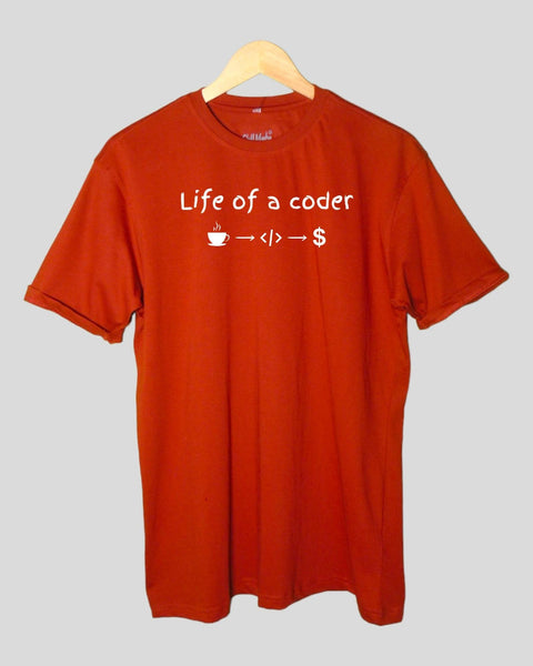 Men's Life of Coder Theme T shirt Rust color Round Neck Half Sleeves