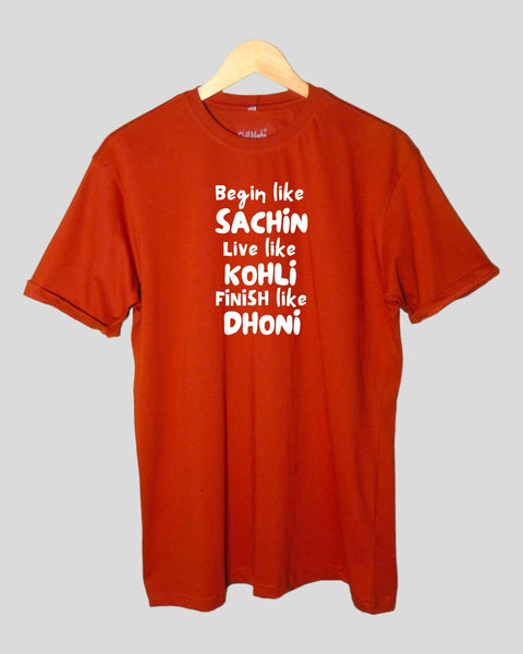 Men's Live like a sachin Theme T shirt Rust color Round Neck Half Sleeves