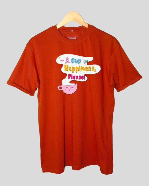 Men's  A Cup of Happiness theme T shirt Rust color Round Neck Half Sleeves