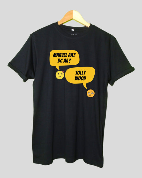 Marvel ah DC ah - Tollywood T shirt Black color Round Neck Half Sleeves