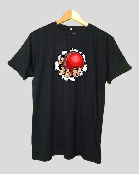 Men's  Cricket Ball Theme T shirt Black color Round Neck Half Sleeves